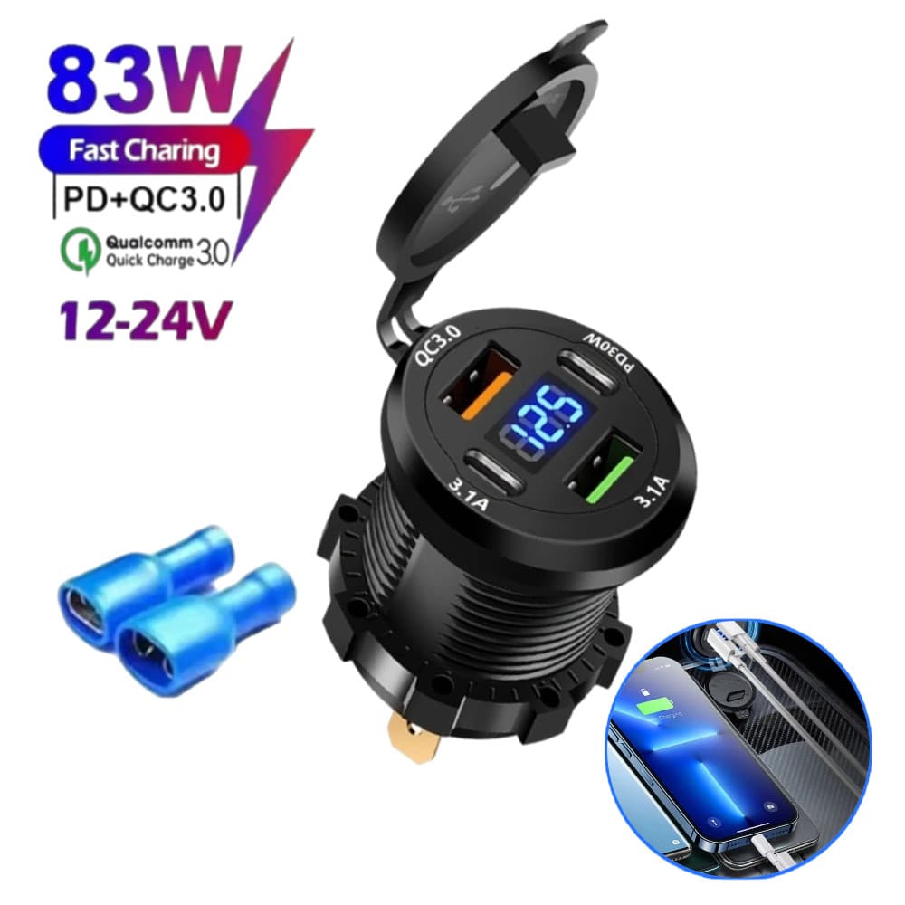 83W 4 Portas Carregador De Carro Tomada PD QC3.0 Carga Rápida Voltímetro À Prova Dwaterproof Água 12-24V USB C De Carreg