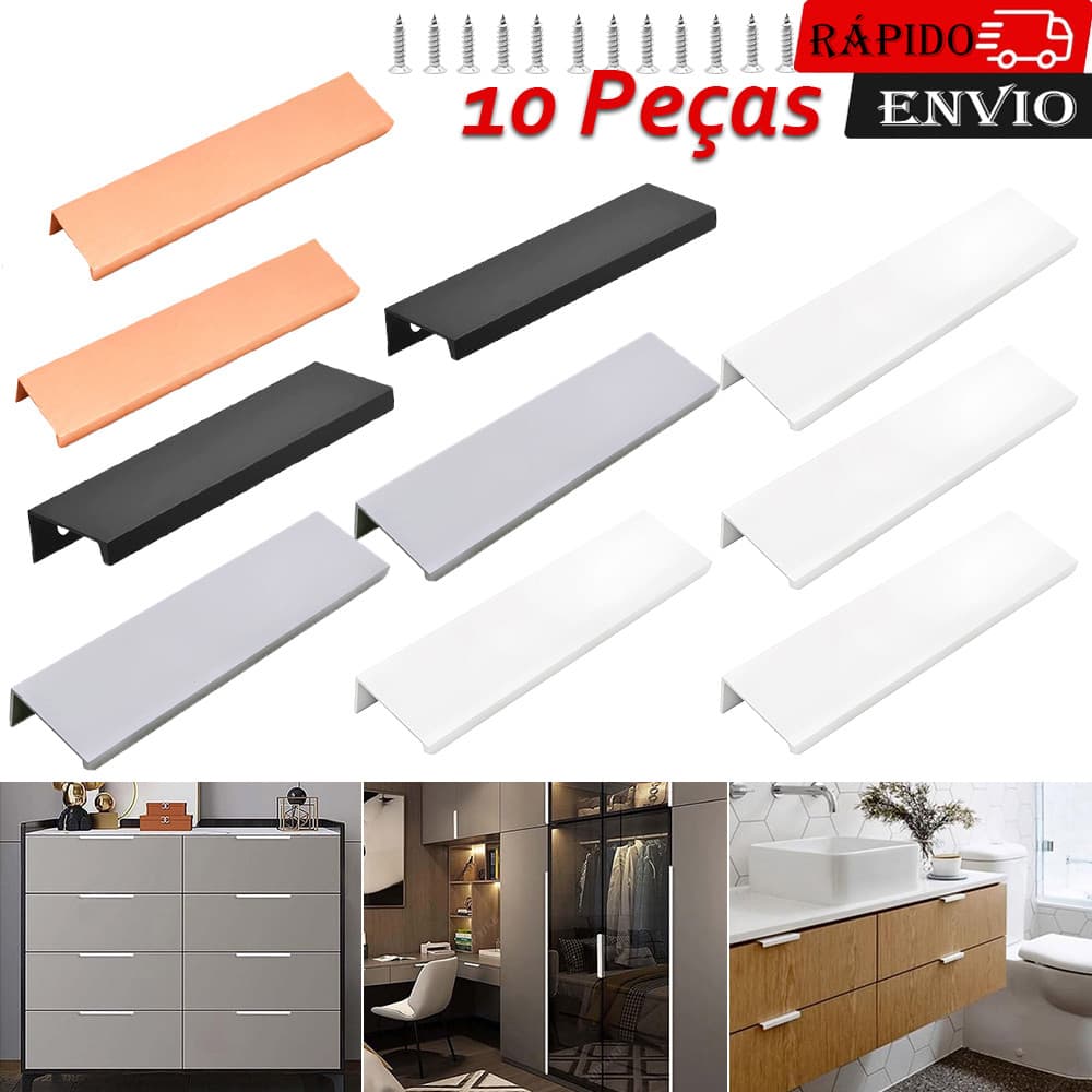 Puxadores de Gaveta Móveis Slim Alumínio, 150mm, 10 Peças (Cinza Branco Preto Dourado)