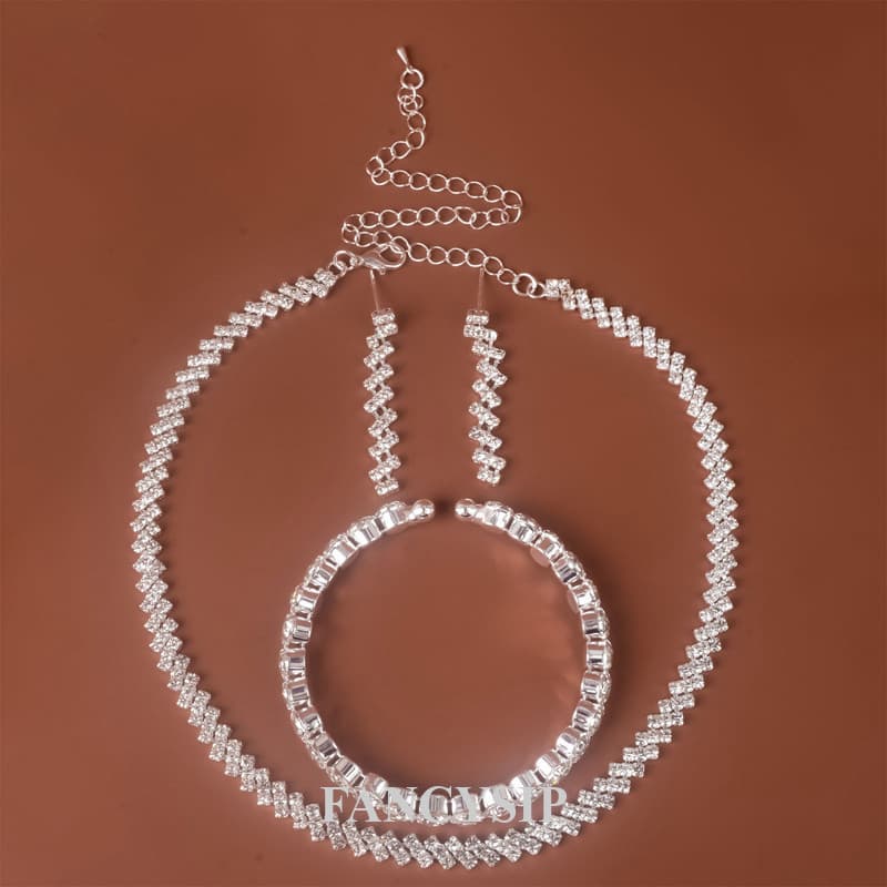Nova Moda Brincos Colar Pulseira Conjunto De Jóias De Luxo Feminino Branco Strass