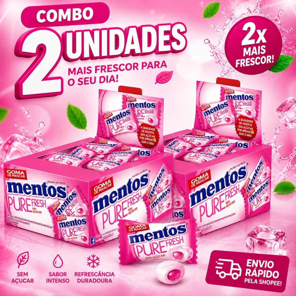 Kit 2 Chiclete Mentos Pure Fruit Tutti Frutti 60 Unidades Cada