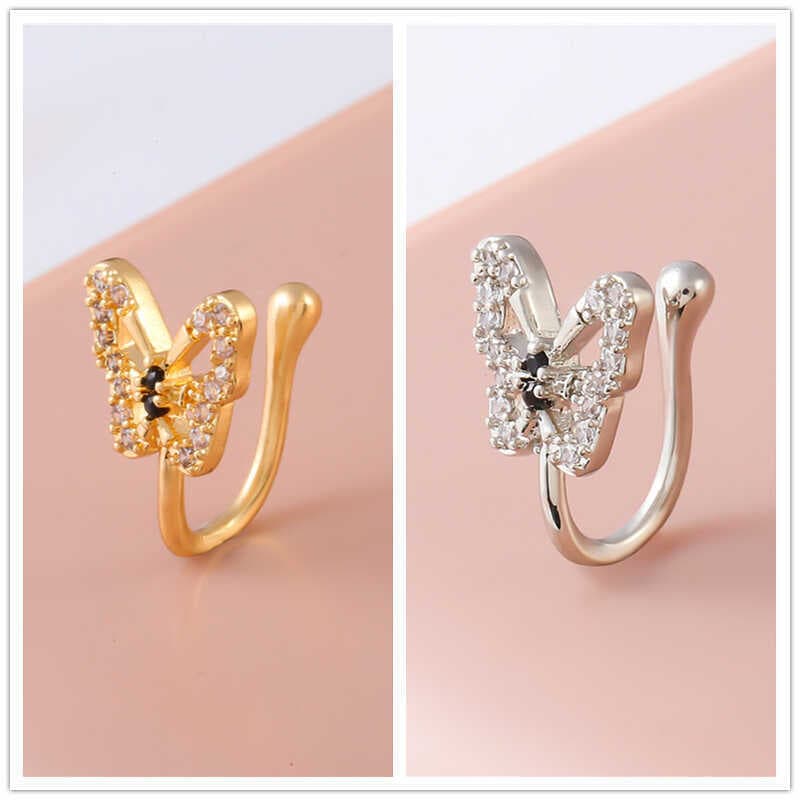 Novo estilo de pedra incrustada de cobre, Piercing não poroso, anel de nariz com zircônia preta, borboleta, clipe de nar
