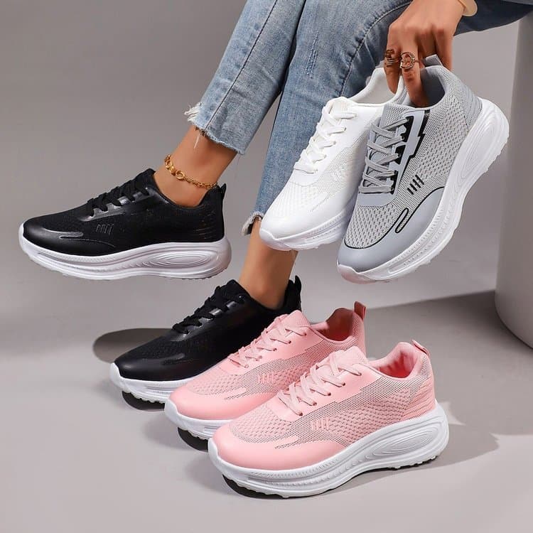 Lace-Up Borracha Low-Top 2026 Verão Feminino Malha Respirável Esportes Sapatos de Caminhada Casuais