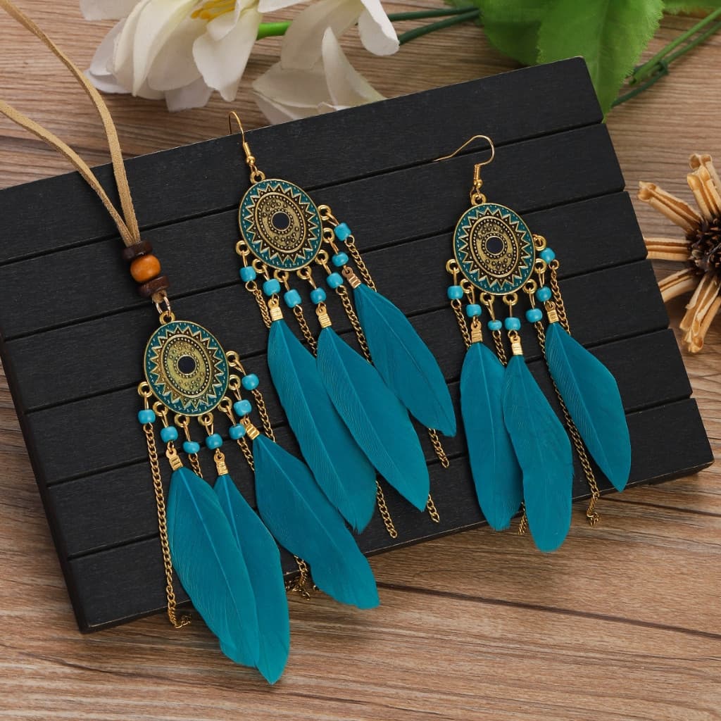 Conjunto de colar de penas de duas peças, conjunto de brincos femininos, padrão de sol, corrente de contas, franjas feit