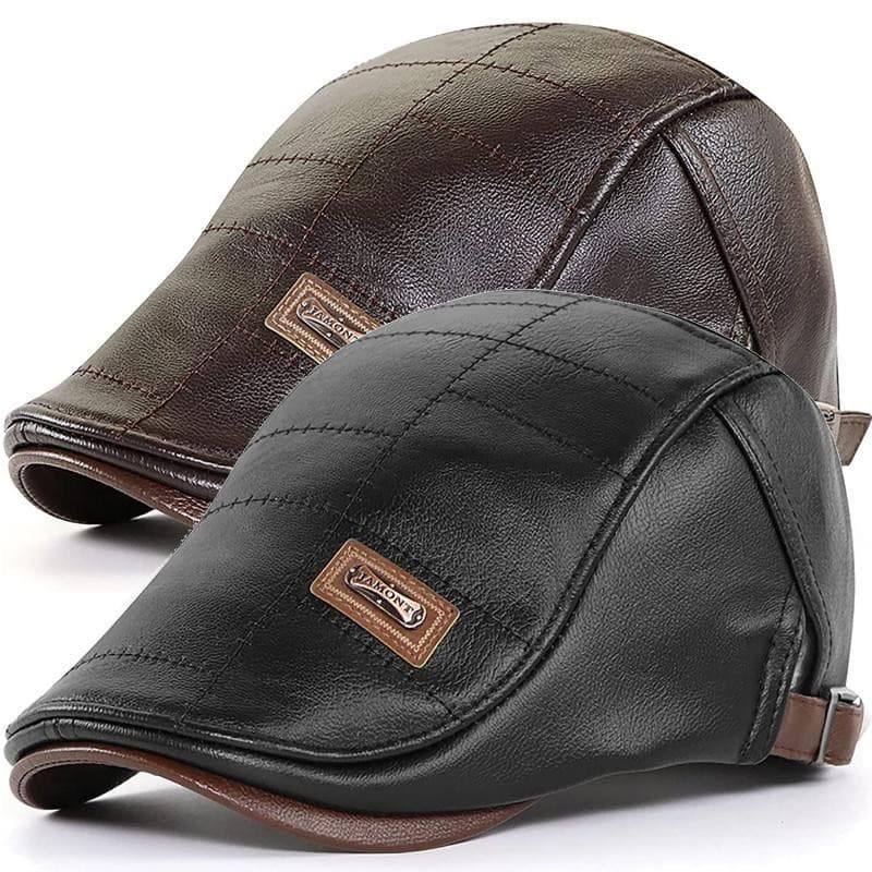 Boina masculina vintage de couro PU, estilo outono e inverno, adequada para homens de meia-idade, aba reta, quente.   Q0