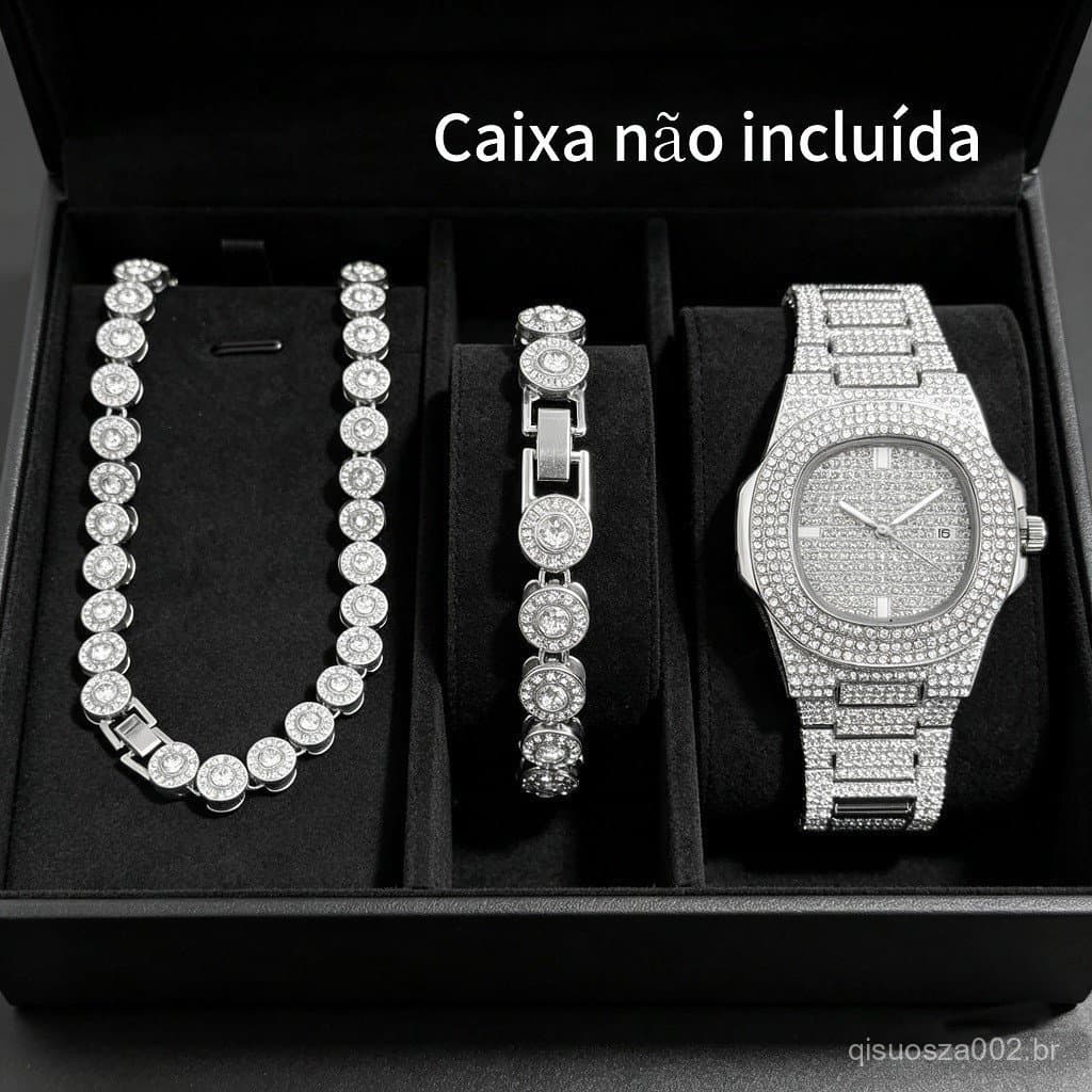 Conjunto Relógio e Pulseira Masculina Com Cristais De Gelo Brilhante Para Homens