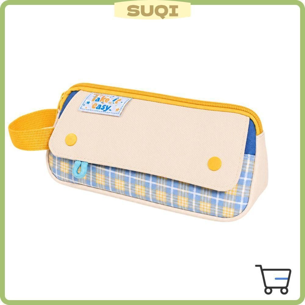 Lápis SUQI , Bolsa De Caneta Portátil De Grande Capacidade Estilo Xadrez Simples , Organizador De Papelaria À Prova De R
