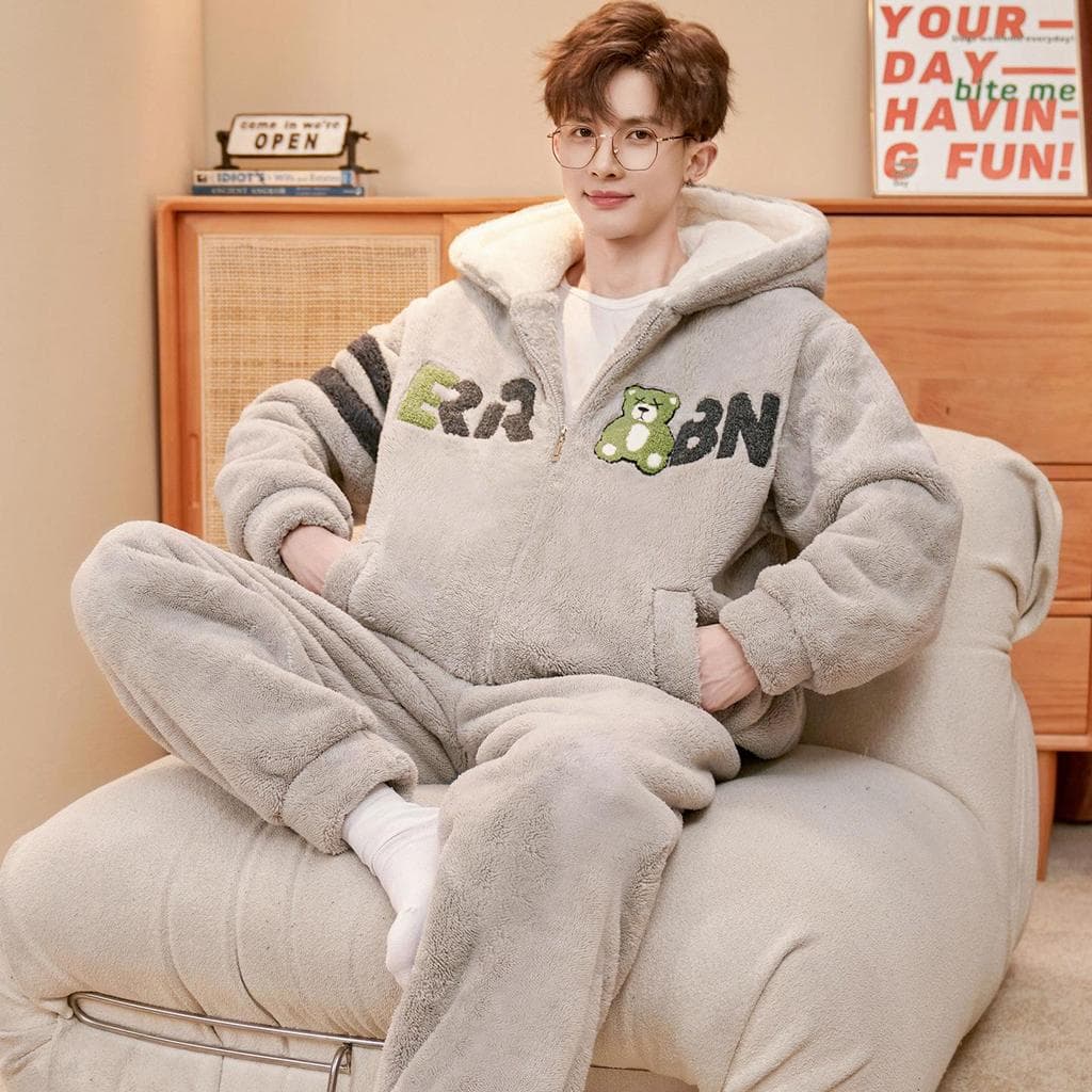 Pijamas masculinos estilo inverno engrossado velo Coral velo quente estilo inverno juventude Homewear inverno pode usar