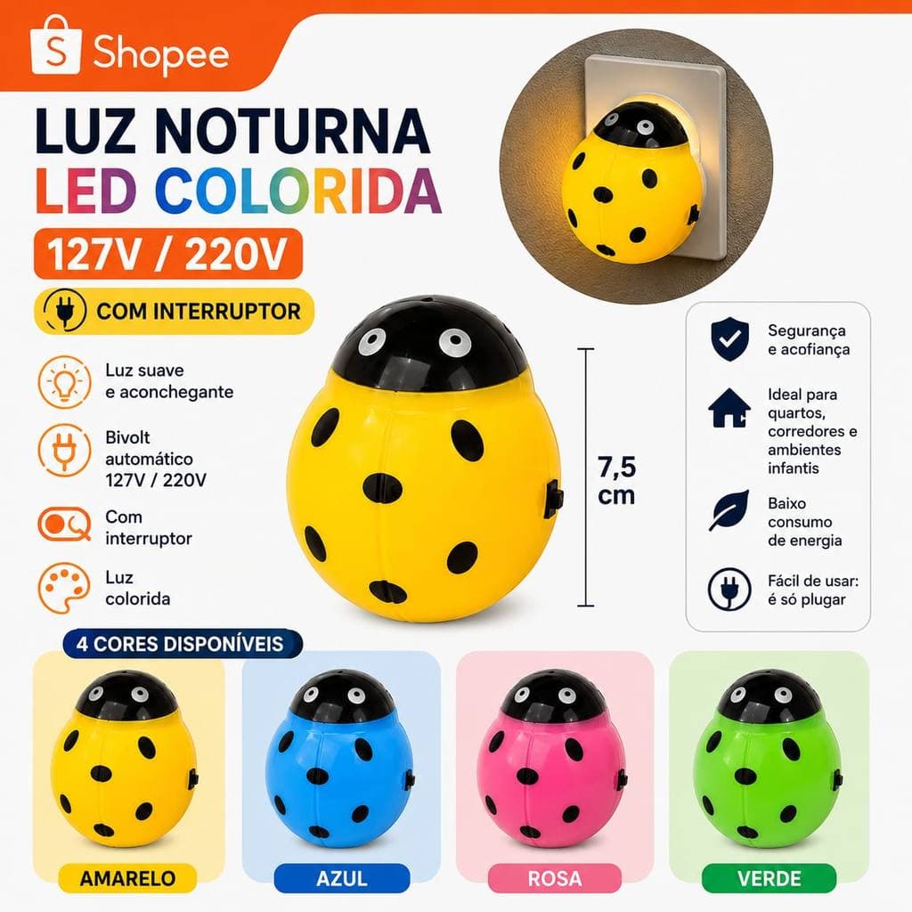 Abajur Luminária De Tomada Led Quarto Bebê Joaninha Decoração Luz Noturna Bivolt
