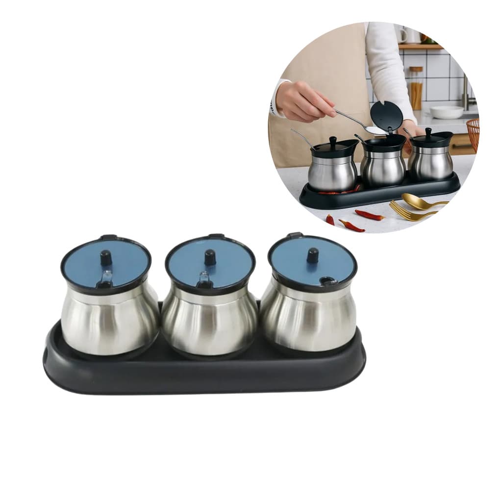 Kit 3 Potes De Vidro Porta Condimento Tampa Colher Suporte