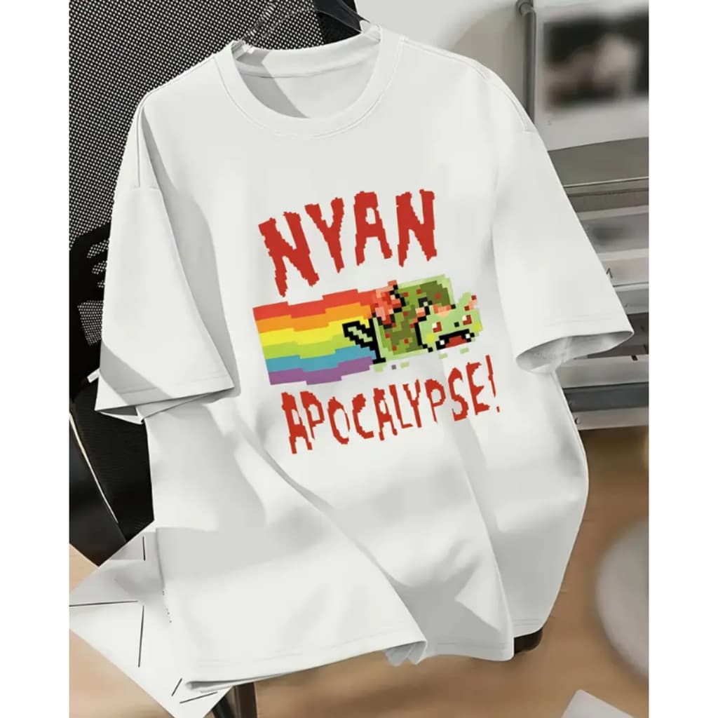 Bonito ‌Camiseta Feminina Casual Com Estampa Nyan Cat Apocalypse Manga Curta Estilo Hippie Gótico
