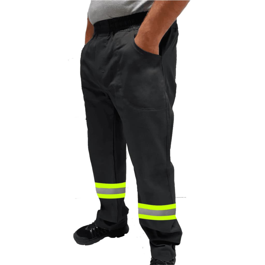 Calça de Uniforme Servente Brim Profissional Reforçada Com Faixa Refletiva Verde