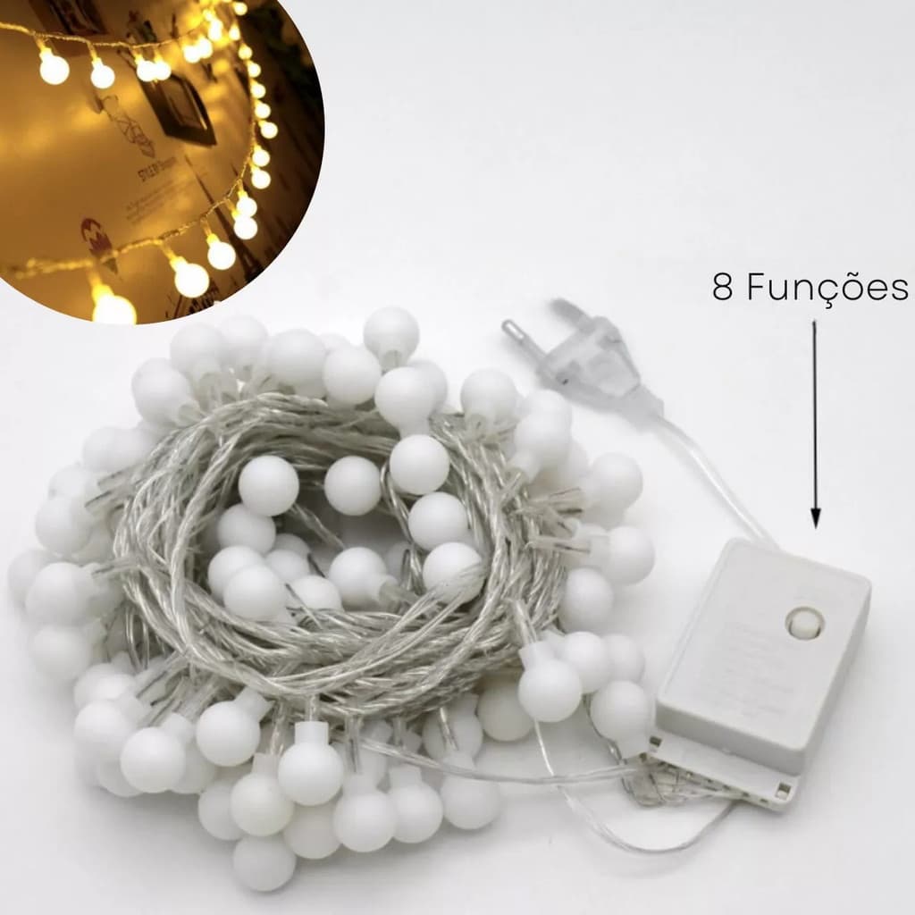 Cordão Led Varal 100 Bolinha 8 Funções 10m Fio Transparente Cor Das Luzes Branco Quente 127/220V