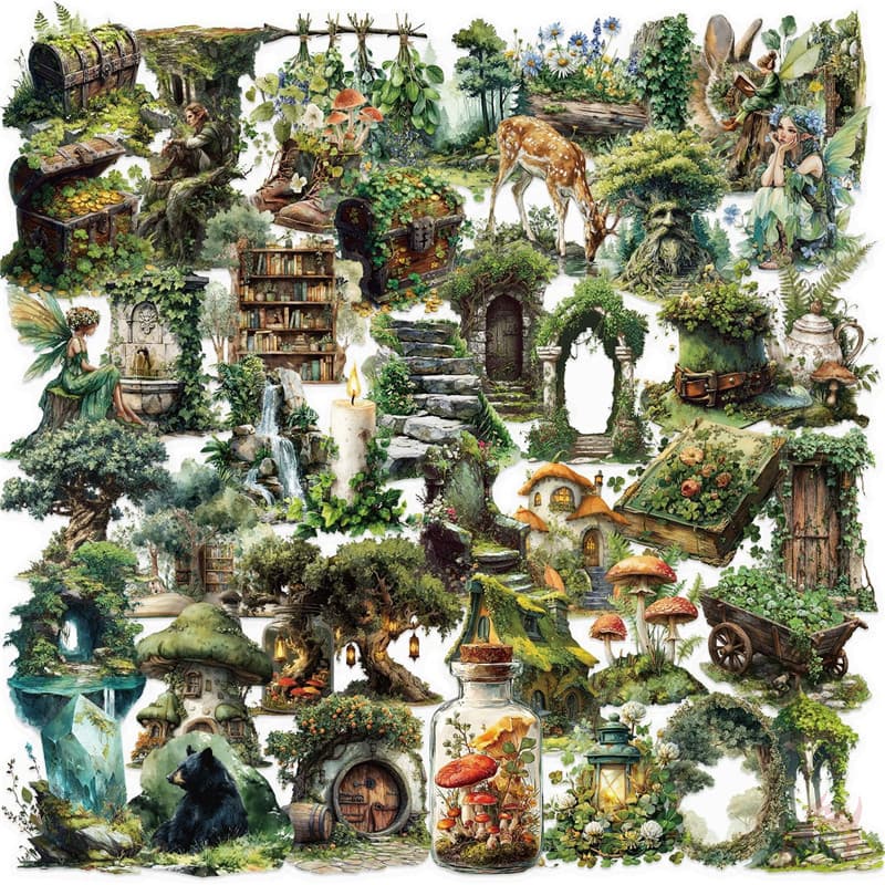 ❉ Adesivos PET Fantasy Green Forest Série 01 50 Pçs/Set À Prova D'água Moda DIY Doodle Decalques