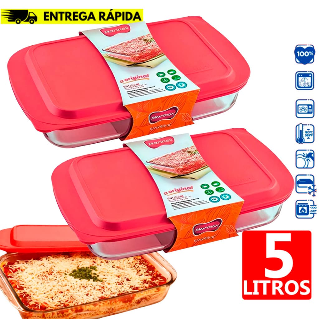 Assadeiras Retangular Marinex Lasanheira 5L c/Tampa Plástico Vermelha Vidro Temperado