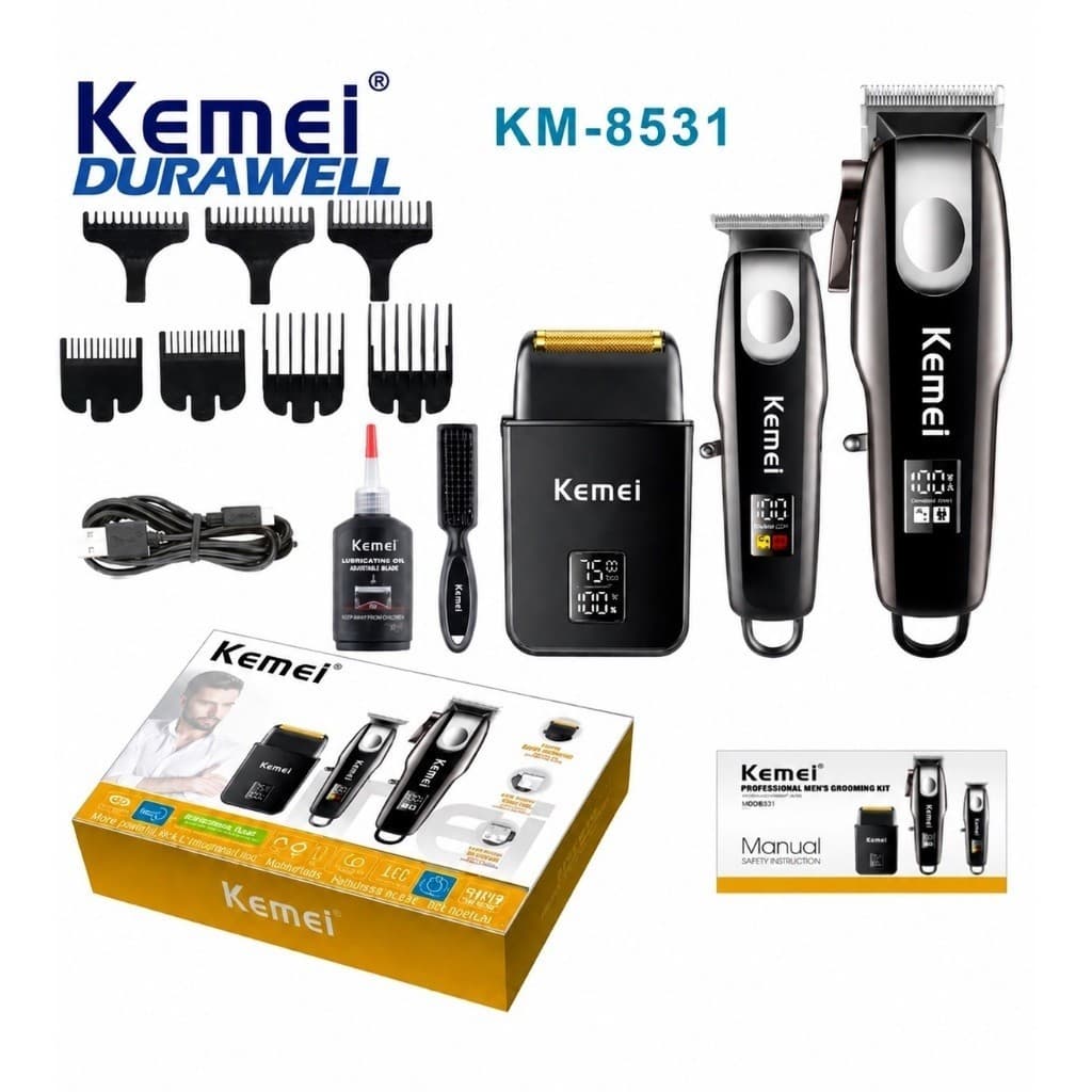 Kit Barbeiro Profissional Kemei KM-8531 Máquina De Corte Aparador E Barbeador 3 Em 1
