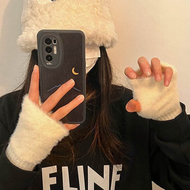 2024 novo estilo estudante feminino inverno escrita à prova de frio engrossado quente peludo meio dedo luvas Tou