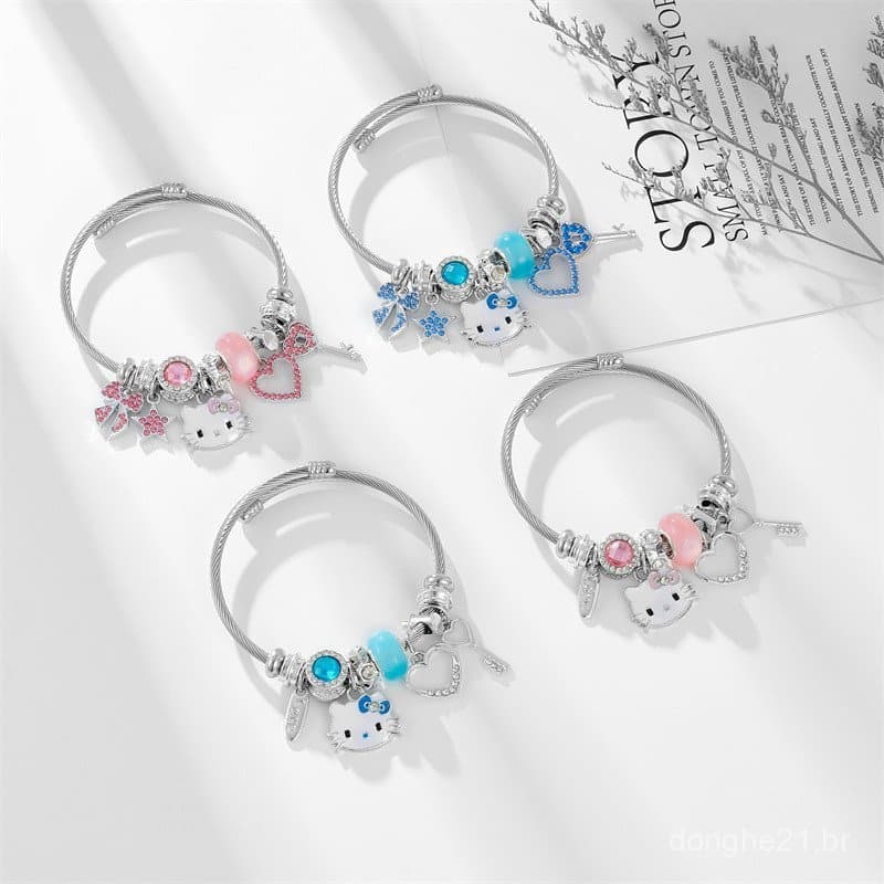 Pulseira Hello Kitty estilo coreano, fofa e elegante, feita de contas de aço inoxidável para mulheres.