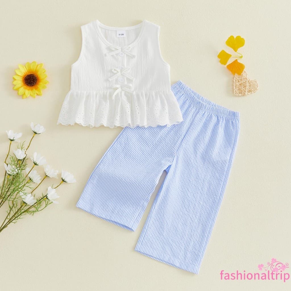 [FaSh] Conjuntos Infantis Para Meninas , Sem Mangas , Gola Redonda , Floral , Bainha Com Ilhós , Regatas + Calças Listra