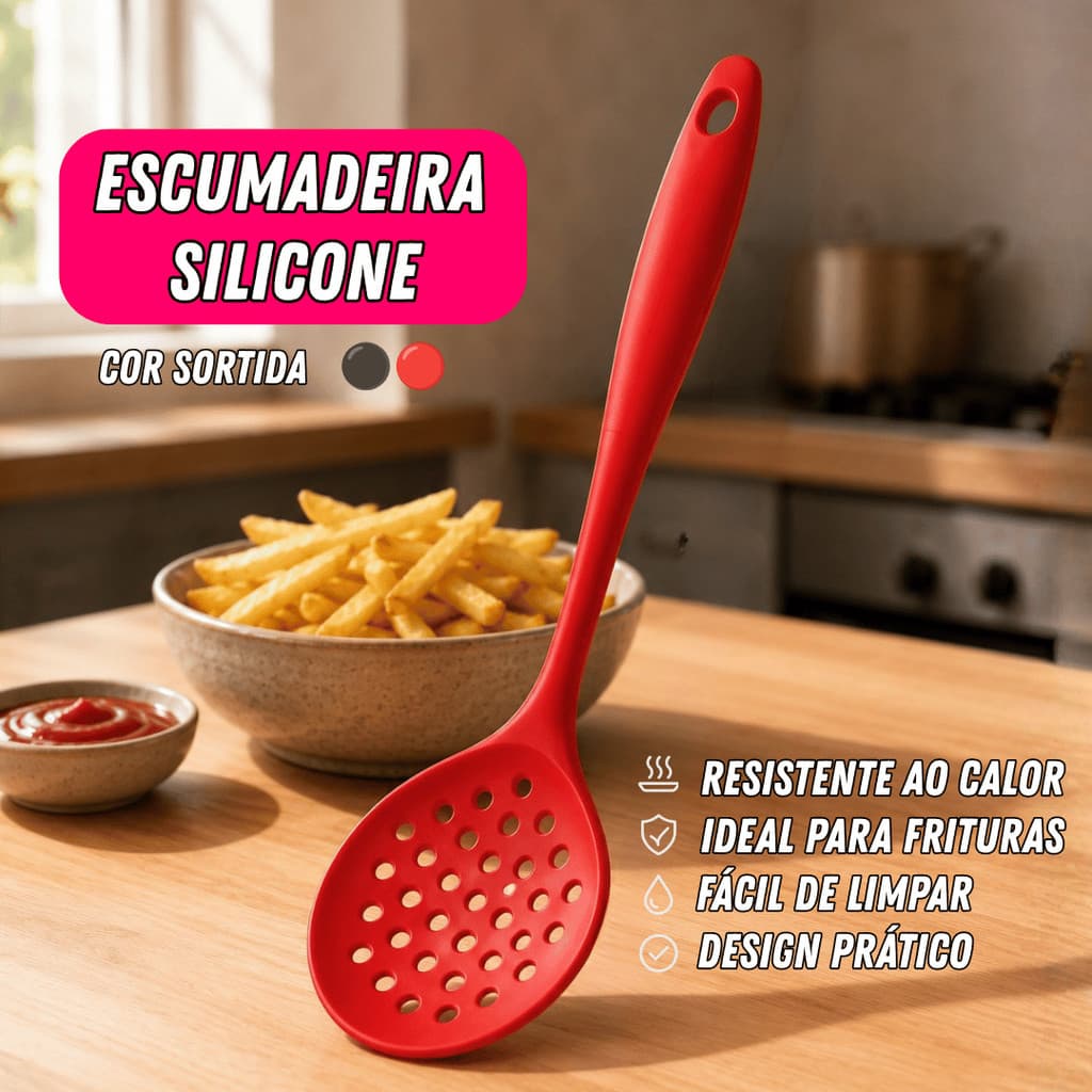 Escumadeira Silicone 28,5cm Cozinha Profissional Antiaderente Altas Temperaturas Escorrer Frituras Massas