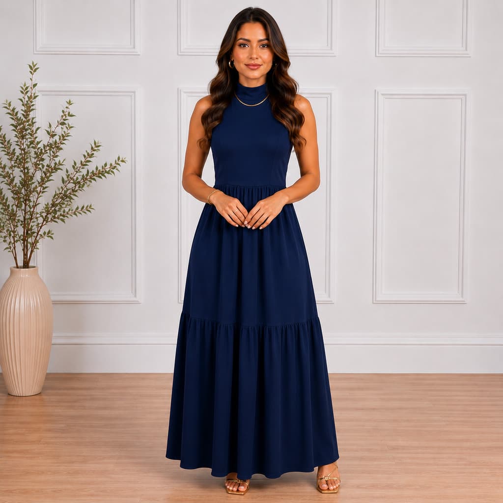 Vestido Longo Malha Feminino Casual Elegante Saia Plissada Versátil Verão Outono Inverno 2026 - 442