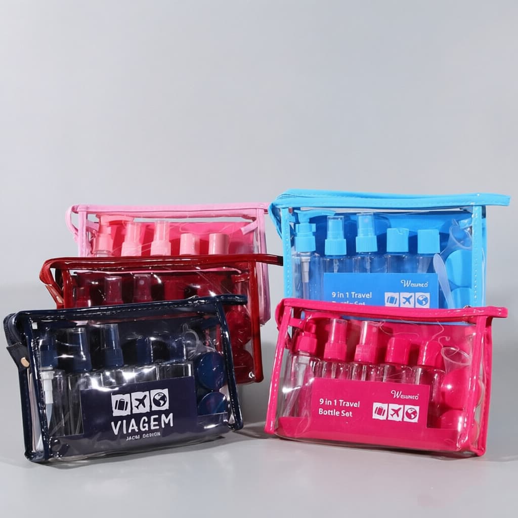 Conjunto Completo de Frascos de Viagem 9 Peças com Nécessaire Impermeável Resistente para Cosméticos
