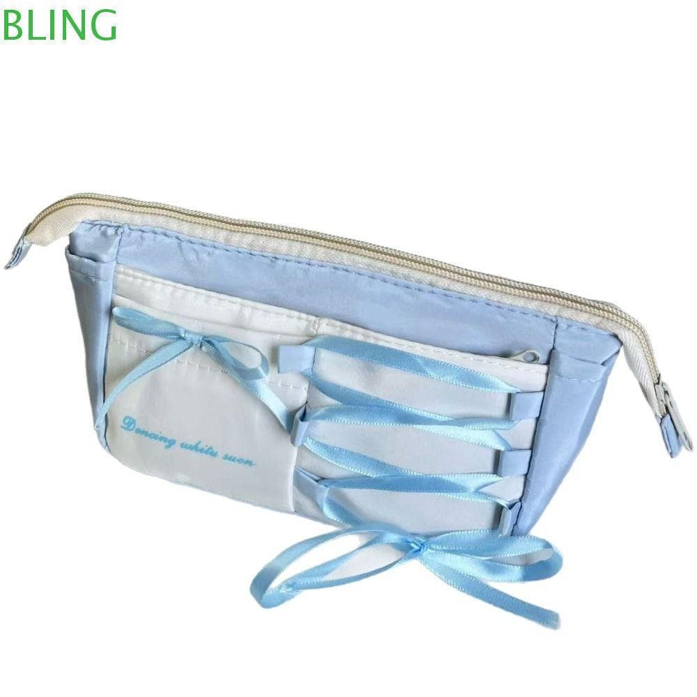 Bolsa De Caneta BLING , Lápis De Fita De Arco Estilo Balé Azul , Papelaria De Grande Capacidade , Escritório Escolar