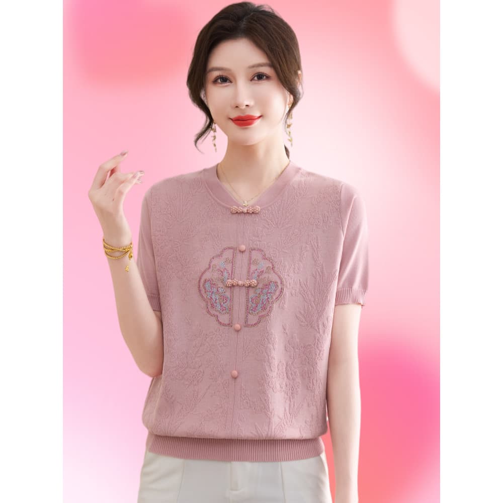 Dia das mães verão malhas venda quente fivela solta mais magro olhar camiseta feminina de meia-idade estilo chinês mãe u