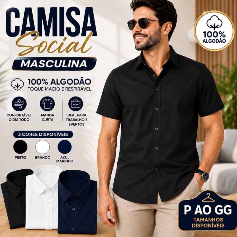 Camisa Social Masculina Manga Curta 100% Algodão Casual Trabalho Escritório P Ao GG |DO1050| Promoção