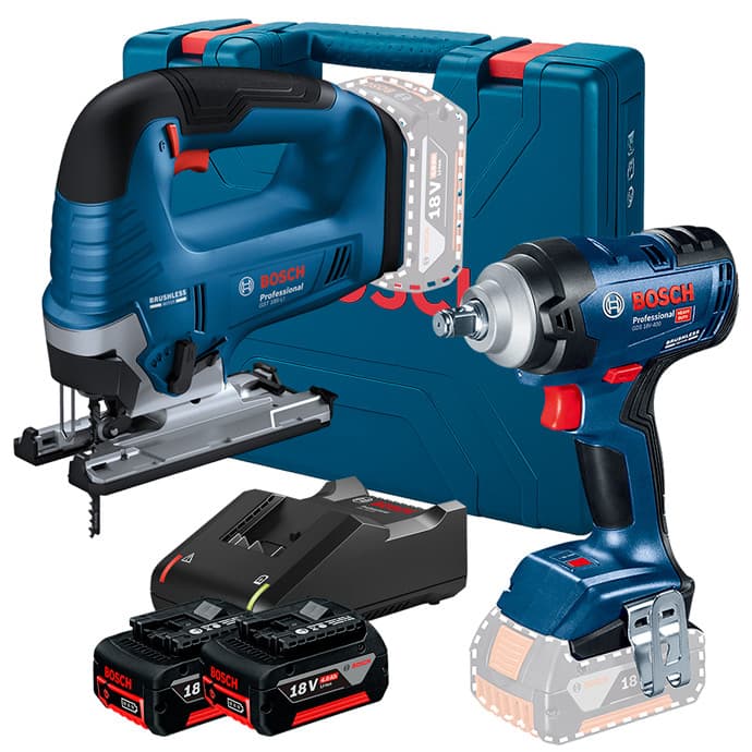 Kit Chave de Impacto 1/2" GDS 18V-400 + Serra Tico-Tico GST 185-LI + 2 Bateria 4Ah + Carregador Rápido Bosch