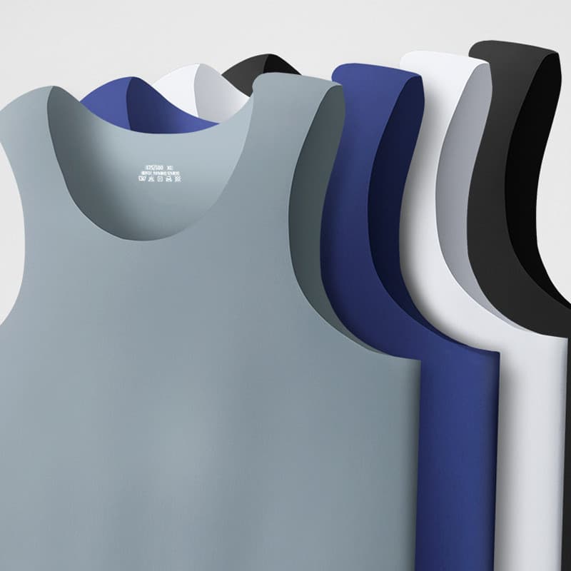 Colete masculino sem costura de seda gelo verão novo estilo em torno do pescoço magro-ajuste sem mangas camisa esportes