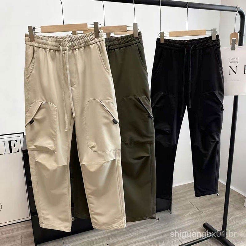 Macacão casual solto e reto para homens e mulheres, com vários bolsos, cintura elástica com cordão, calças funcionais qu