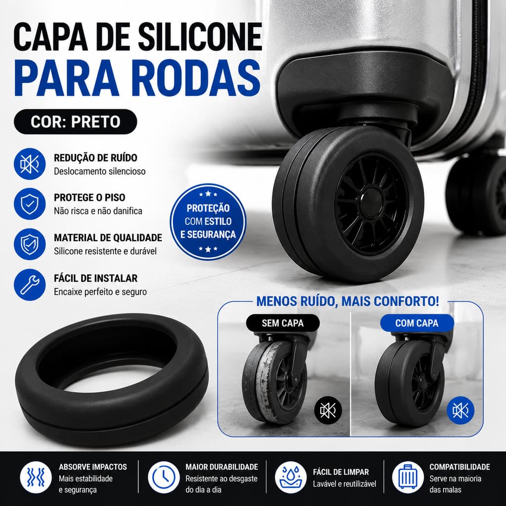 Capas universais de silicone para rodas de malas de viagem, conjunto de 8 peças, silenciosas para viagens aéreas.