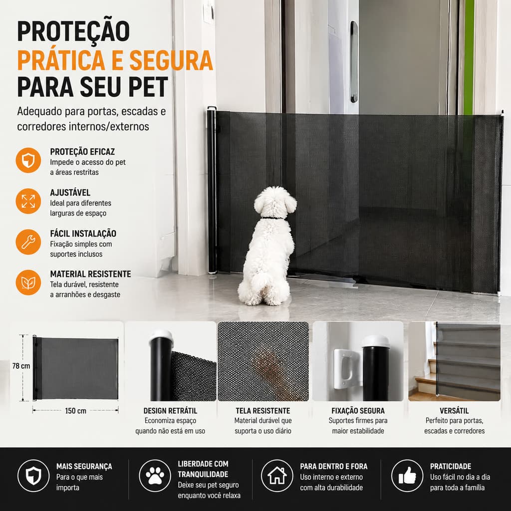 Porta Grade Tela Retrátil Automático 150cm Segurança Infantil E Pet Evita Acesso À Escada E Áreas Perigosas