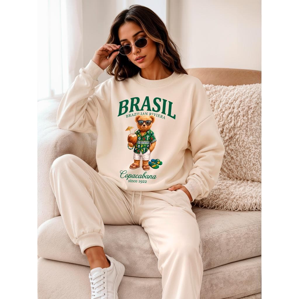 Conjunto Moletom Feminino Urso Teddy Gola Careca Algodão Macio Quente Confortável Inverno 2026