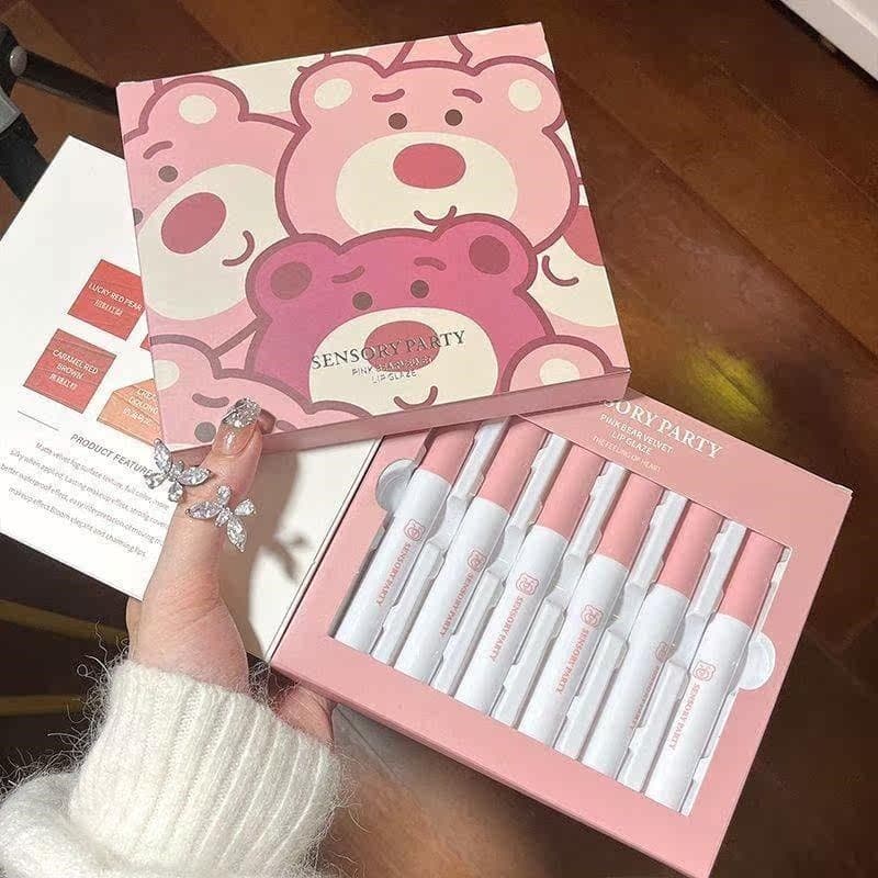 Conjunto de batom de seis peças em pó Doodle Berry Bear fosco veludo fosco não desbotado copo antiaderente conjunto de b