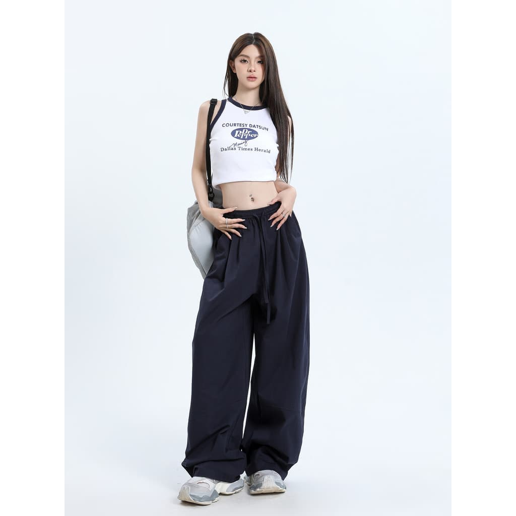 Vfvk macacão azul marinho feminino primavera novo estilo Casual calças de perna larga calças esportivas soltas versão co