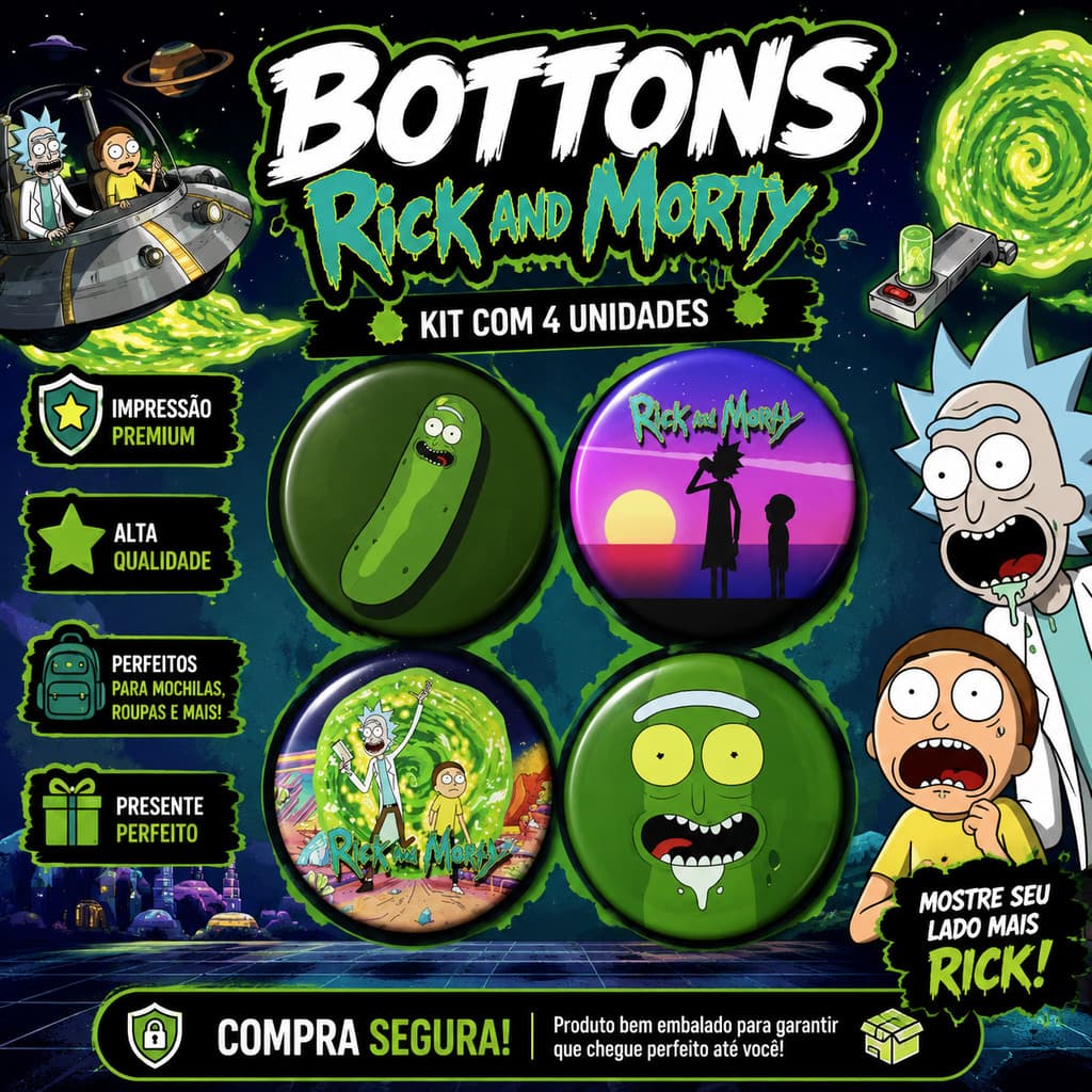 Kit 4 Bottons RICK AND MORTY  Boton Button Botum Broche Pin  3,8cm e 5,5cm. Presente Geek Anime