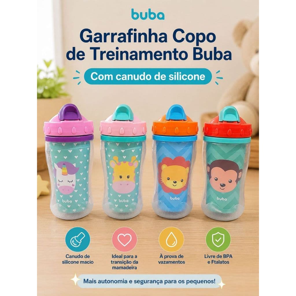 Garrafa Copo de Treinamento Buba com canudo de Silicone e Tampa Retrátil