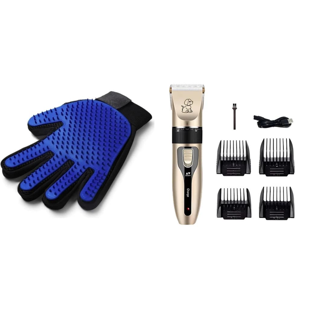 Kit Luva Tira Pelos Pets Cães + Máquina De Tosa Pet