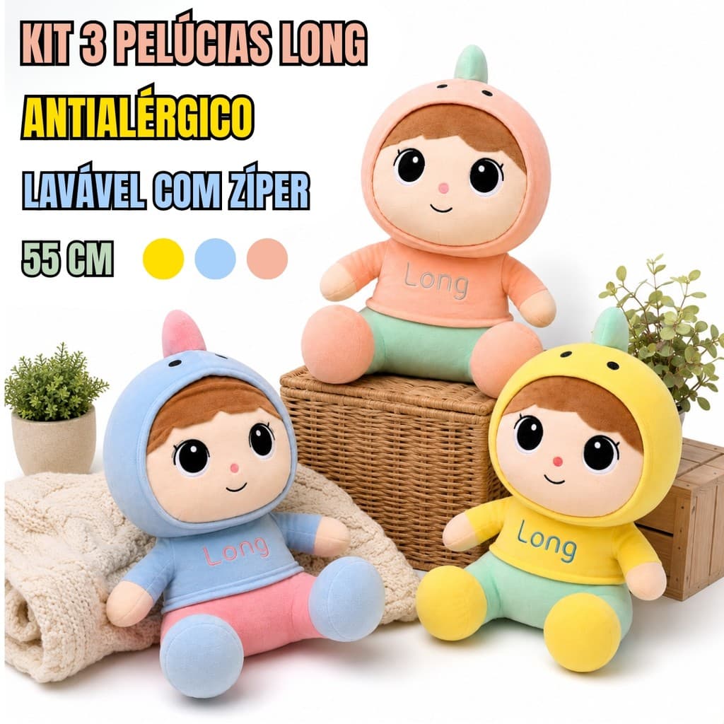 Kit 3 Pelúcias Long 55cm Antialérgicas Laváveis com Zíper e Enchimento Macio