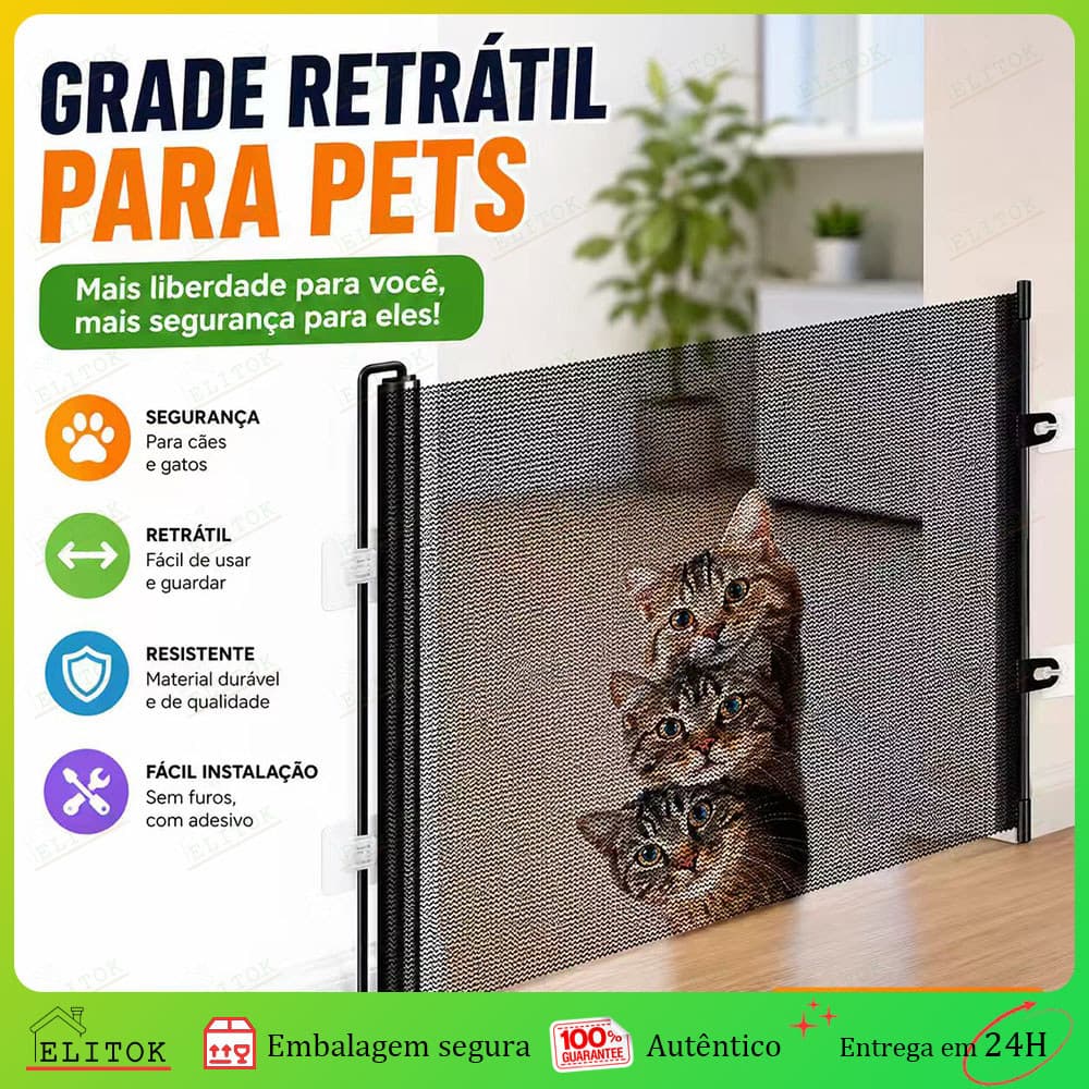 Portão Retrátil para Pets – Grade de Segurança Sem Furos, Ajustável para Portas e Escadas Ideal para Cães e Gatos