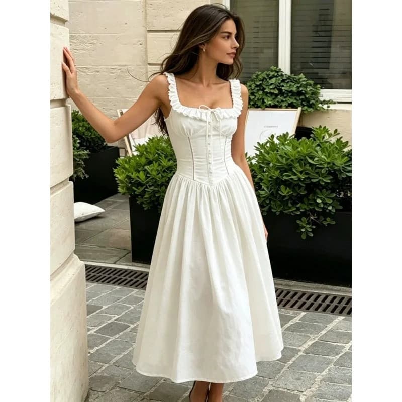 Vestido Midi Feminino de Verão Suninheart com Decote Quadrado, Corte em A, Algodão, Botões Frontais e Barra Fluida para