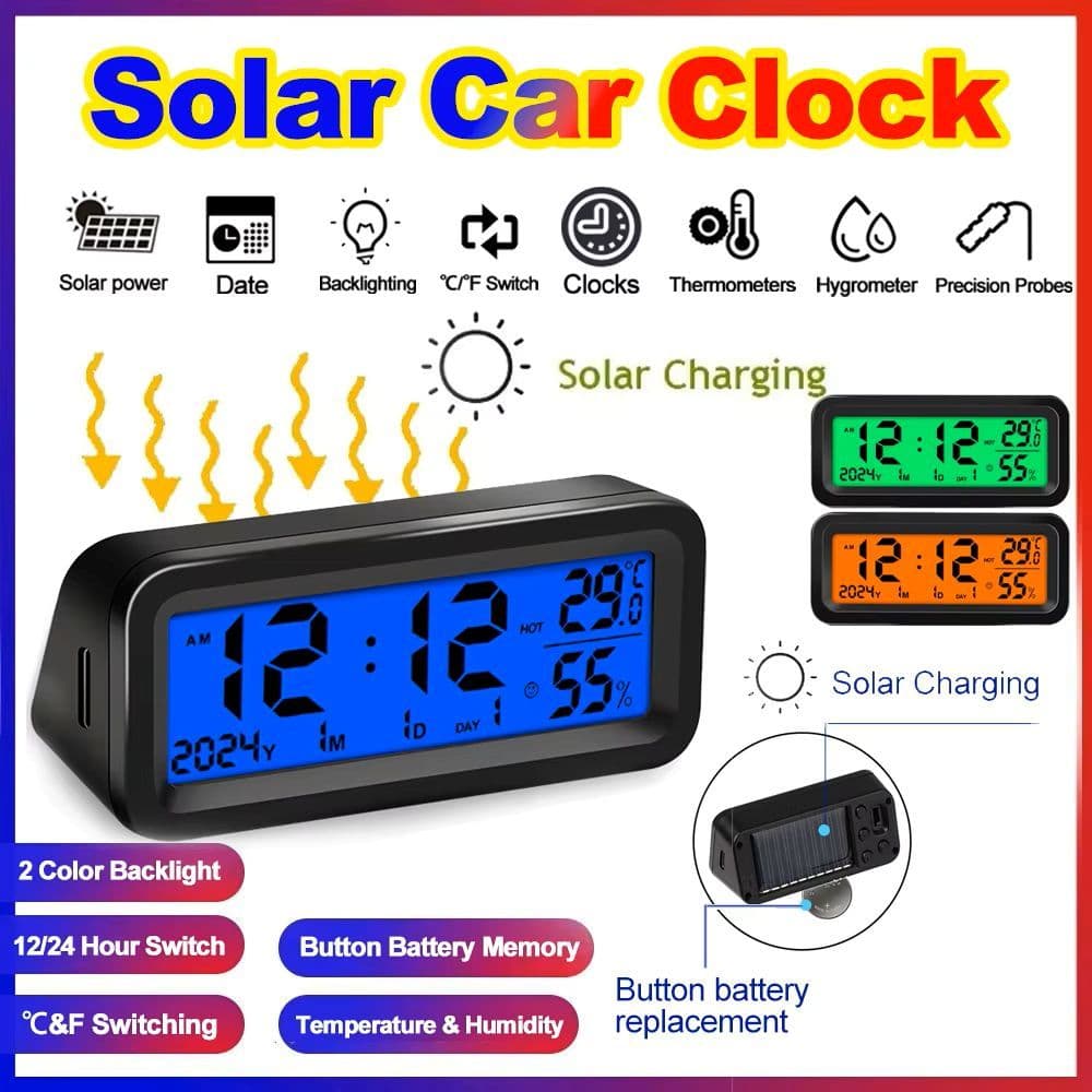 Relógio Digital Para Carro , Movido A Energia Solar/USB , Com Data , Semana , Temperatura , Umidade , LCD , Retroilumina
