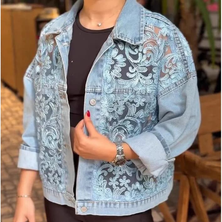 Jaqueta Feminina De Retalhos De Renda Solta , Jeans Curta , top Solto De Manga Comprida