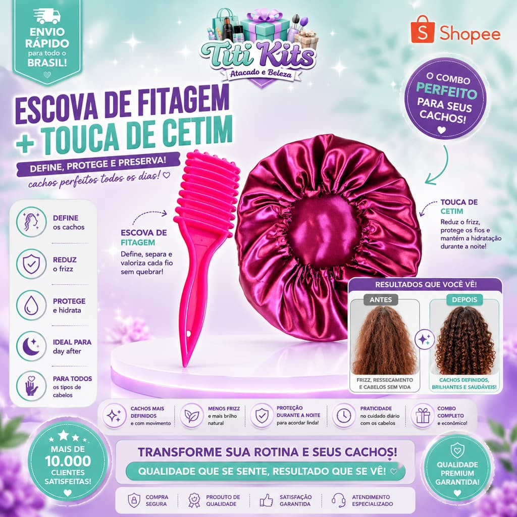 Kit Escova de Fitagem Onda+Touca de Cetim Grande Anti Frizz - ALTO LUCRO!