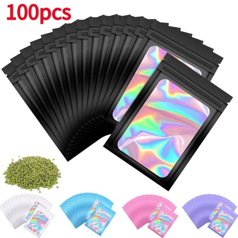 50/100 Pces Sacos Holográficos Sem Costura Zip Lock Com Kit Visualizador Transparente Saco De Embalagem Traz Vendas De J