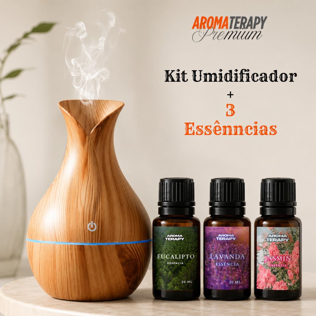 Umidificador +3 Essências Hidrossolúvel | Difusor de Ar Modelo Vaso 200ml | Essências 20ml