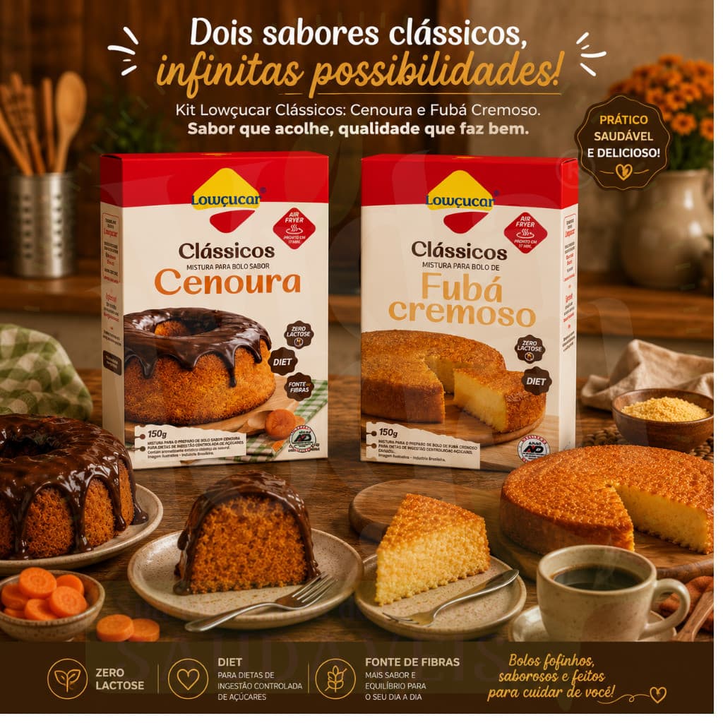 Kit Bolos Clássicos Lowçucar Cenoura 150g e Fubá Cremoso 150g