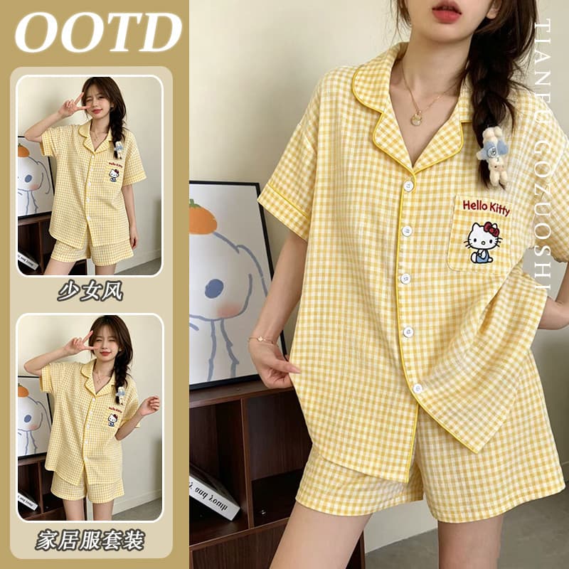 Preguiçoso Solto Nuvem Algodão Manga Curta Pijamas Fino Ajuste Feminino Ao Ar Livre Loungewear