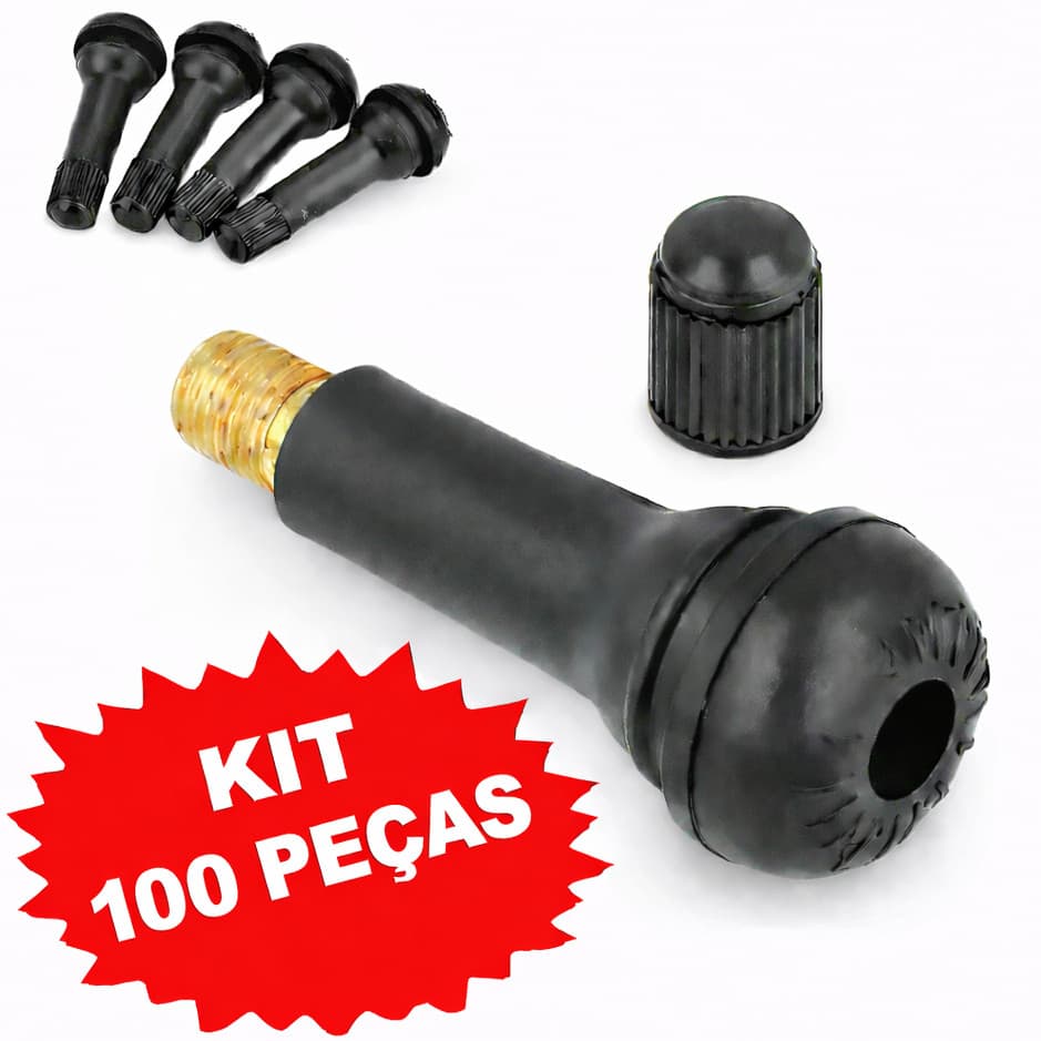 Kit 100 válvulas TR414 completas com núcleo e tampinha, alta vedação, pneus sem câmara aro 13 a 18